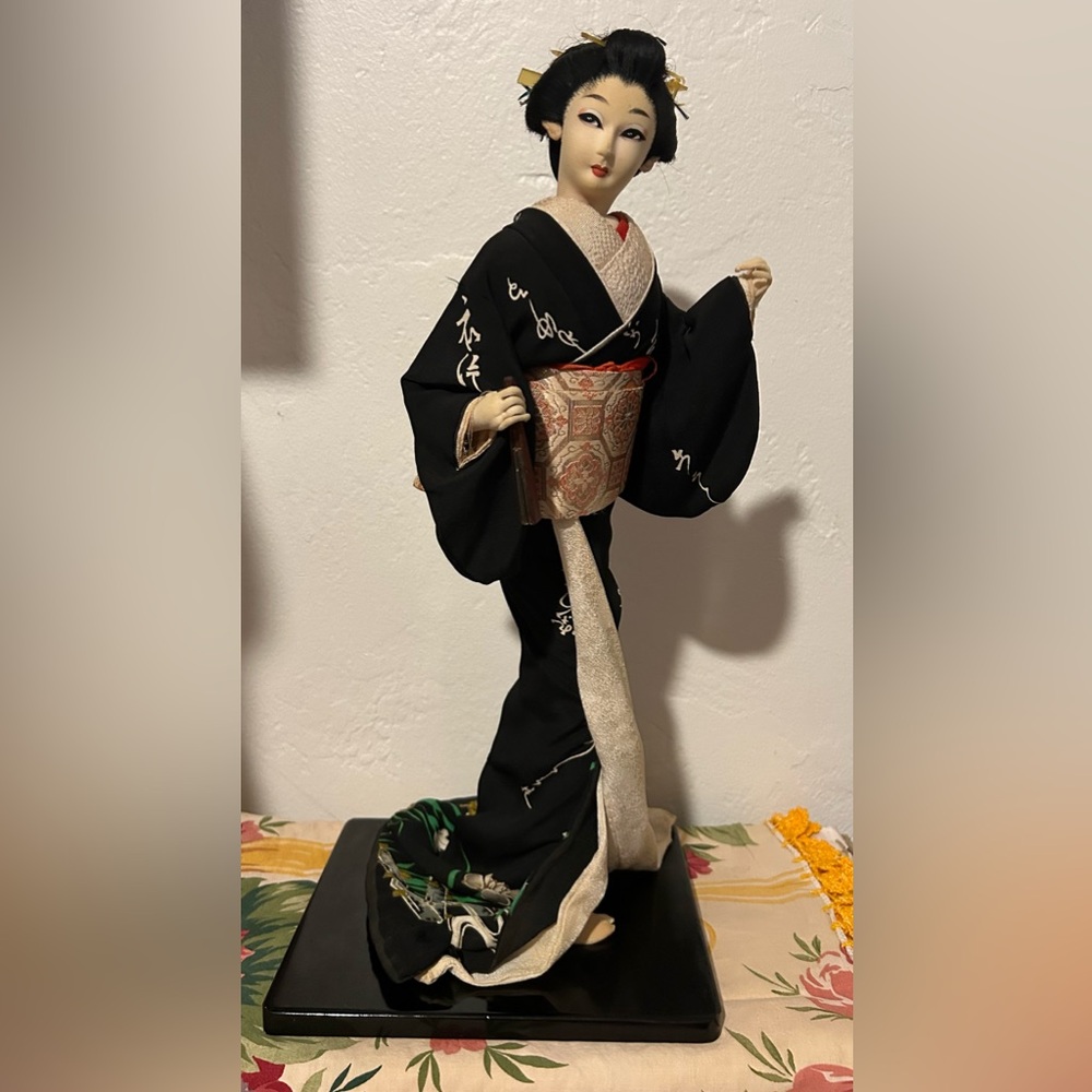 Elegant Black Kimono Doll Figurine